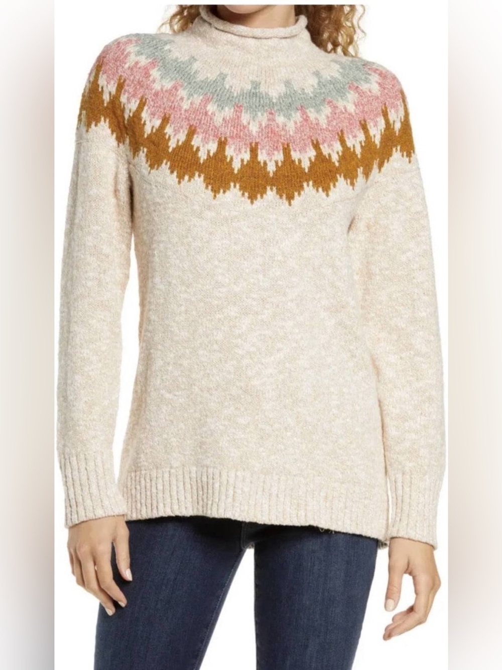 LL Bean Womens Medium Cotton Ragg Fair Isle Funnel Roll Neck Oatmeal Marl